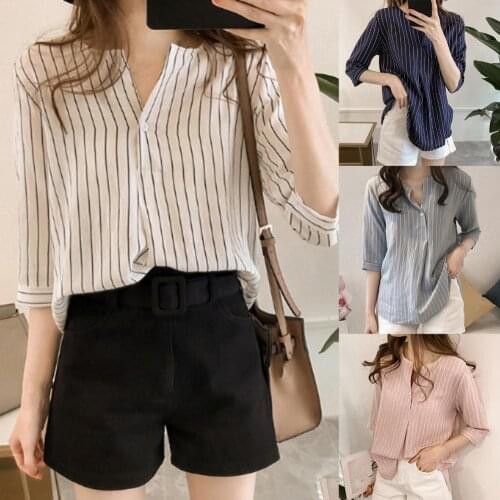 Women Shirt Blouses Plus Size Fashion Elegant Stripe 3/4 Sleeve Women Round Neck Casual Loose Blouses Shirt Summer 2021