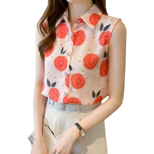 Women summer casual chiffon sleeveless shirts Fruit orange pattern print pink colour Polo-neck loose blouse chiffon tops