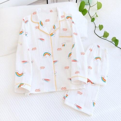 Women Cotton Gauze Pajamas Cartoon Long-sleeved Trousers Sleepwear Spring Loungewear Two Piece Loose Soft Nightwear Home Clothes