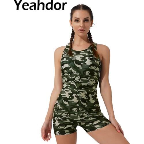 Women Camouflage Print Sport Jumpsuit Sleeveless Letters Printed Hollow Out Back Shorts Jumpsuit for Active Workout Gym Yoga