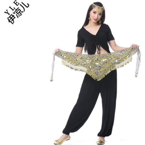 2018 New arrival cheap women belly dance hip scarf leopard print gold coins velvet belt for sale