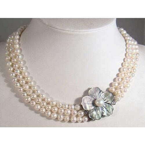 3 Rows 7-8mm White Akoya Pearl Necklace Shell Clasp