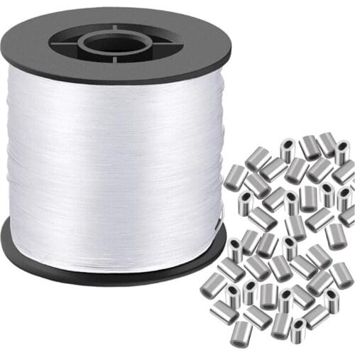 Durable Transparent 0.8mm Nylon Cord Rope 656 Feet Long Fishing Thread Wire with100 Aluminum Loop Sleeves Hanging Kit