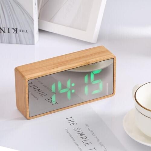 Bamboo Wooden LED Alarm Clock Desktop Table Temperature Humidity Voice Control Snooze Function Desk Tools Living Room Decoration