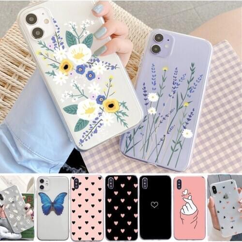 Floral Phone Cases For iphone 12 Pro Max 11 XR X XS 6 6S 7 8 Plus SE 2020 5 Case Silicon Love Heart Transparent Slim Back Cover
