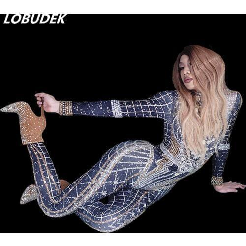 European Female Singer Nightclub Stage Costume Sparkly Rhinestones Big Stretch Skinny Jumpsuit Fashion Dance Performance Rompers