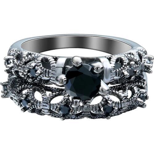 Hainon Hollow Wedding Engagement Ring sets Black White Cubic Zircon Fashion Silver Color Black Gold Filled Gift Jewelry