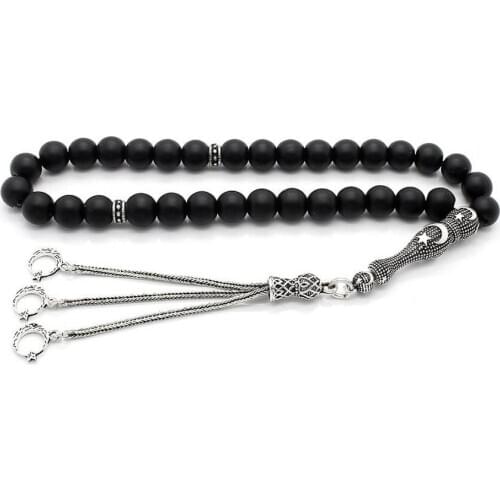 Silver Black Onyx Gemstone Prayer Rosary Men Sphere Cut Rosary With Silver Tassel Turkish Tasbih Crescent Star Model Tassel