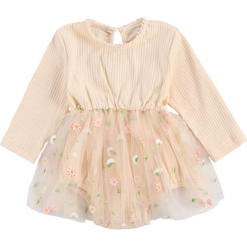 Baby Girls Long Sleeve Romper, Floral Tutu Skirt Style Jumpsuit, Knit Crew Neck Princess Bodysuit