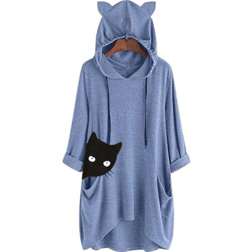 Cat Print Pocket Three Quarters Sleeve Drawstring Oversized Hoodies Women Casual Streetwear Pullovers Tops Female Midi Clothes