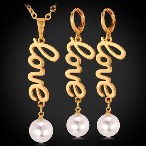 Kpop Bridal Jewelry Sets 'Love' Pendant Necklace Earrings For Women Gold Color Vintage Simulated Pearl Wedding Accessories PE104