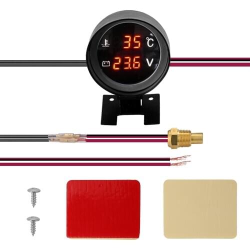 Round Led Digital Car Truck Water Temp Gauge Temperature Sensor Temperatura Moto + Voltmeter Volt Voltage Meter 2 in 1 12.0V 24V