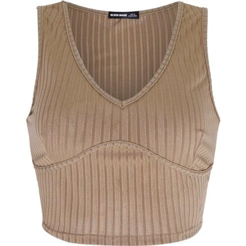 Sleeveless Backless Women Ribbed Brown Tank Top Solid Crop Tops Tees O Neck Sexy Short Vest Summer Knit Top Streetwear Party