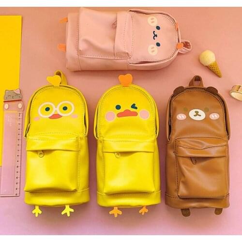 Cute Cartoon Leather Pencil Case Multifunctional Double Layer Kawaii Animal Large Capacity PU Student Stationery Back To School