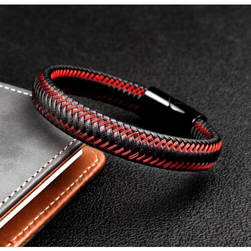 MingAo Charm Single 12*6mm Women Chinese Red Wire Braided Stainless Steel Leather Bracelet Blue Magnet Lock Gift to Friends