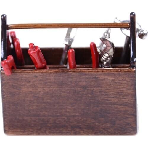 Wood 1/12 Dollhouse Miniature Wooden Toolbox with Metal Tools Set