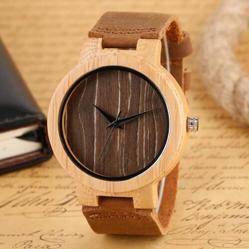 Trendy Wood Watch Mens Clock Natural Wooden Bamboo Quartz Watch Genuine Brown Leather Womens Wrist Watch