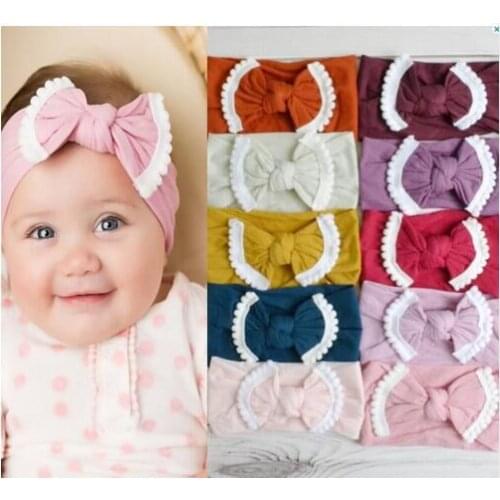 30pc/lot New Solid Nylon Headband Bow Headbands For cute Kids Girls Hair Girls Pom Pom Headband Children Soft Cotton Headband