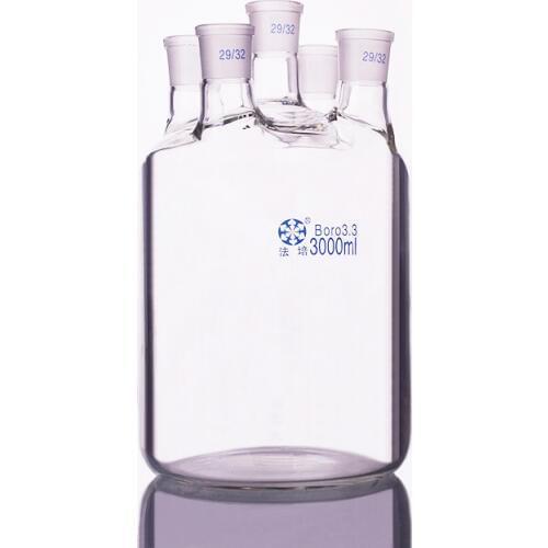Single-layer cylindrical flat bottom five-necked flask 3000ml,Joint 29/32,Single-layer reactor bottle,Straight neck