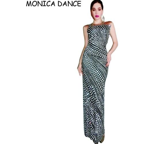 Nightclub Sexy Stage Shiny Silver Stones Evening Long Dress Women Birthday Celebrate Collection Stretch Outfit Bar Singer Dress