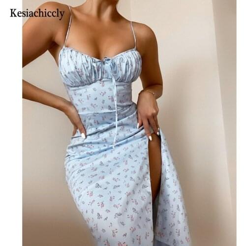 Kesiachiccly Split Floral Printed Dress Women Sexy Spaghetti Strap Holiday Midi Dress Female 2021 Summer Sweet Boho Lady Dresses