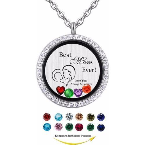 Floating Jewelry Gift for Mom, Best Mom Ever engraved magnetic floating locket Pendant, birthstones charm necklace jewelry