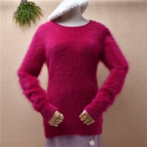Ladies women pull rose autumn winter clothing hairy mink cashmere knitted o-neck slim blouses pullover angora fur jumper sweater