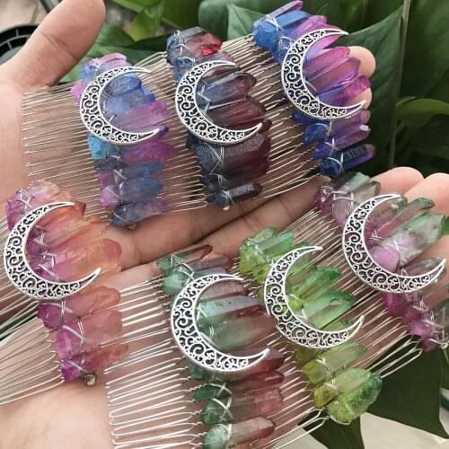 Beautiful Gradient Color Quartz Point Hair Combs,Reiki Crystal Gems Party Bridal Witchcraft Women Tiara Hairband Jewelry QC5034