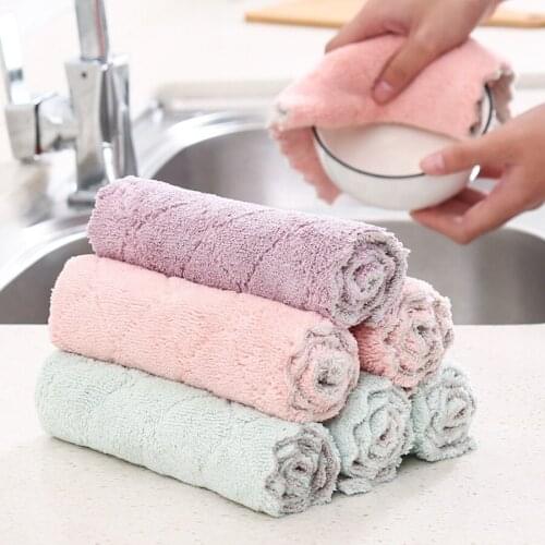 Non Stick Oil Double Layer Printing Dishcloth Double Sided Absorbent Padded Scouring Pad Kitchen Coral Velvet Dish Towel