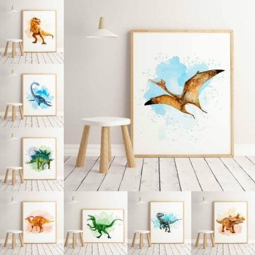 Nordic Cartoon Watercolor Animal Dinosaur Wall Art Canvas Painting Posters and Prints Wall Pictures for Baby Child Bedroom Decor