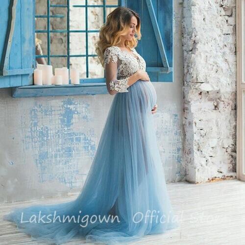 Pregnant Wedding Dress Maternity Fancy Light Blue Tulle Lace Top Empire Waist Long Sleeve Bridal Gowns Vestido De Noiva 2020