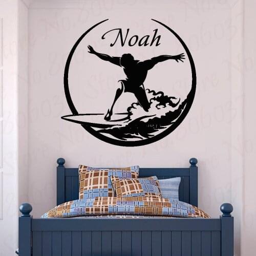 Personalised Name Surfing Wall Vinyl Decal Sea Surfer Surf Nautical Boy Custom Name Sticker Poster Home Kids Nursery WL1992