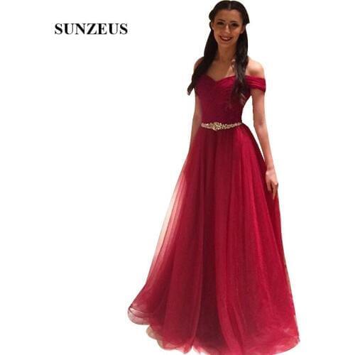 Wine Red Evening Dresses Off Shoulder Pleated Tulle Formal Gown With Rhinestones Belt A-line Long Party Dress Women