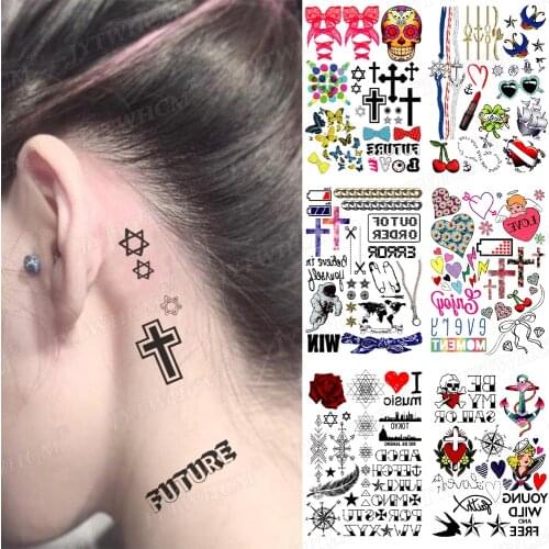 Cross Text Future Temporary Tattoo For Women Stickers Waterproof Transfer Flores Tatoo Body Behind The Ears Foot Tattoos Sticker