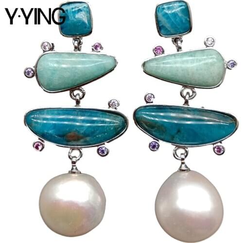 Y·YING luxury jewelry geometric White Freshwater Pearl Blue Apatite Green Amazonite pave white color plated Stud Earrings
