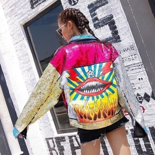 2018 new character color sequins loose sleeved coat jacket denim