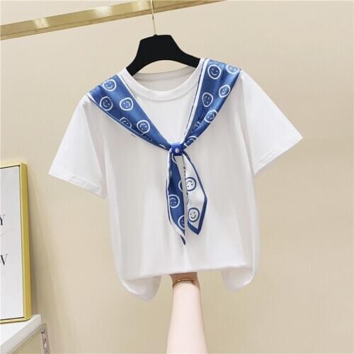 Scarf Splice Womens Cotton Short Sleeve T-shirt Female 2020 Summer Loose T Shirts Ladies Tops Students All-amtch T Shirt Tee