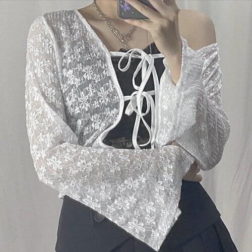 SEASONS White Solid Floral Lace Tops For Women Front Tie Up Cardigan T-Shirts Long Sleeve Casual Cropped Korean Tees ASTS83470