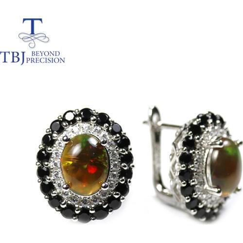 Tbj ,Black Opal clasp earring oval cut 7*9mm gemstone Jewelry 925 sterling silver for women best gift birthday