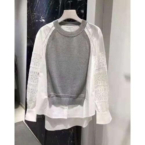 High Quality Sweaters & Pullovers 2021 Autumn Winter Knitwear Women Hollow Out Embroidery Knitting Patchwork Grey Blue Jumpers