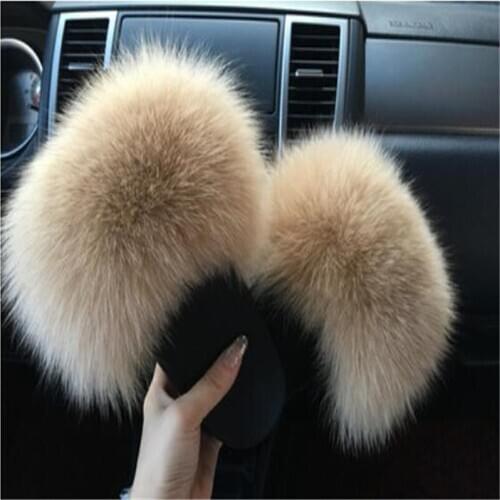 Womens Winter Real Fox Fur Slippers Cute Striped Fluffy Plush Shoes Woman fur Slides Female Open Toe Furry Sandals Big Size 45