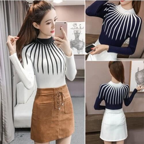 Autumn Winter Womens Ladies Knit Tops Long Sleeve Sweater Blouse 2020 New Slim Casual Color Matching Comfortable Long Sleeves