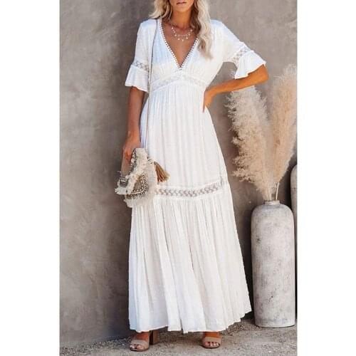 Ordifree 2021 Summer Women Maxi Party Dress Half Sleeve Polka Dot White Lace Vocation Tunic Long Beach Dress