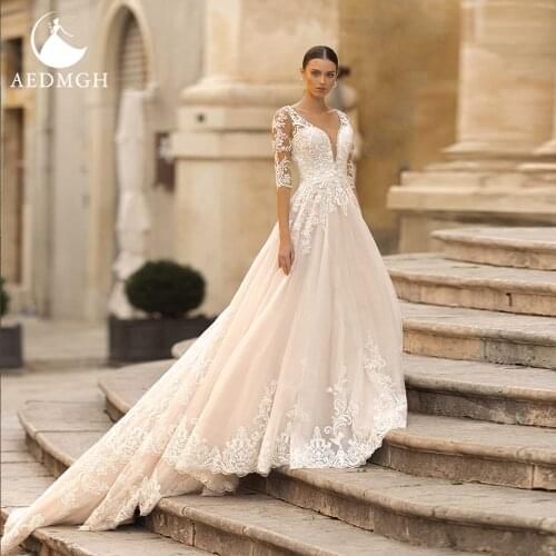 Aedmgh A-Line Empire Wedding Dresses 2021 Scalloped Three Quarter Vestido De Novia Charming Appliques Princess Robe De Marige
