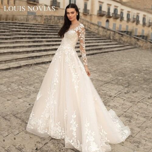 Louis Novias Deep V-Neck Long Sleeve Lace Decal 2020 Sexy Hollow Out Flower African Luxury Cathedral Custom Wedding Dress