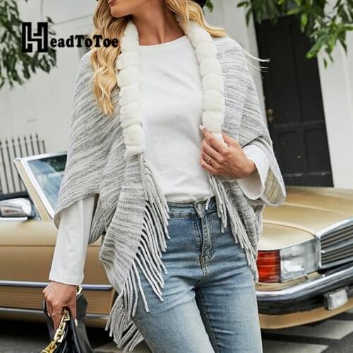 Plush Neck Open Stitch Tassel Design Knitted Ponchos & Capes Women Casual Shawl Cloak Coats