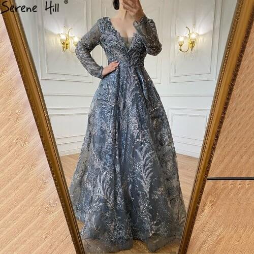 Serene Hill Grey Luxury Beaded A-Line Evening Gown 2021 Long Sleeves V-Neck For Women Formal Party Dress CLA71249