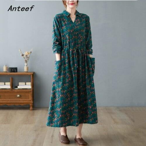 Long sleeve plus size cotton linen vintage floral dresses for women casual loose spring autumn dress elegant clothing 2021