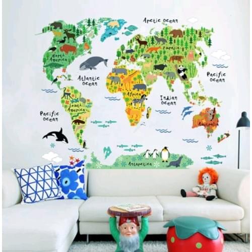2021 Newest Colorful Animal World Map Wall Stickers Nursery Kids Decor Removable Vinyl Decal Gift PVC 60cm*90cm Versatility