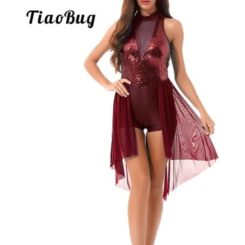 Ballet Dress Women Shiny Sequin Lyrical Dance Costume Sleeveless Halter Asymmetrical Gymnastics Leotard Dance Dress